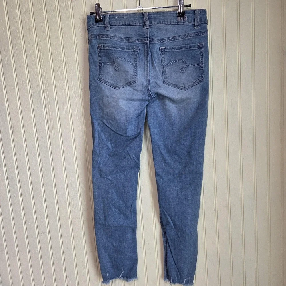 Justice Jeans Girls 14 Blue Mid Rise Super Skinny Distressed Raw Hem Denim